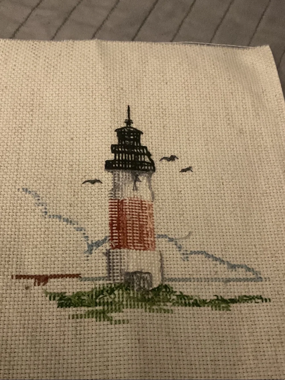 Handcrafted Lighthouse Cross-Stitch Wall Art - Red, White, Green